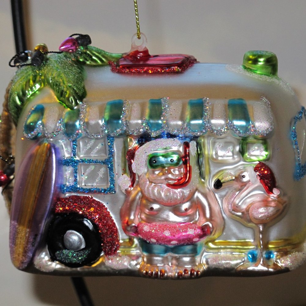 Santa Surf Beach Trailer RV Ornament Flamingo